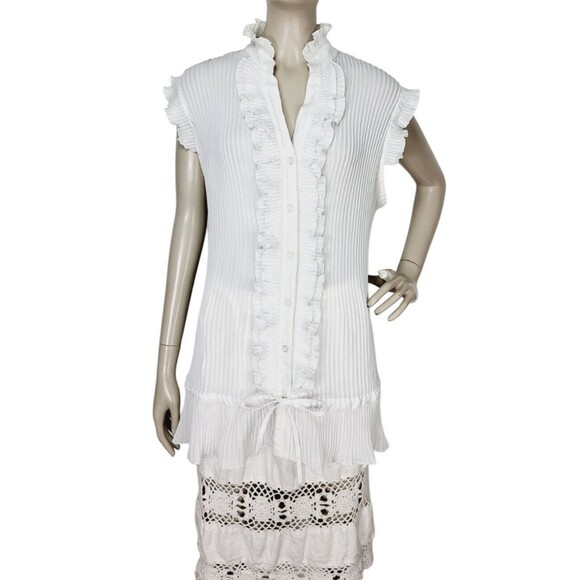 Pleated Tiered Bow Flutter Cap Sleeve Lettuce Hem Button-Down Blouse Lane Bryant - Picture 3 of 8